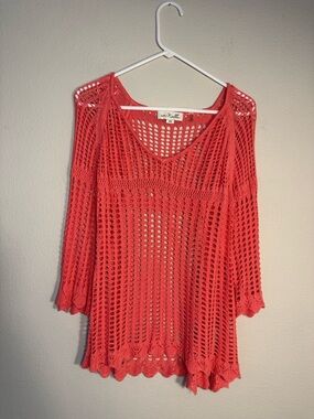 Boho Open-Knit Crochet Sweater Coral XXL festival beach costal spring summer